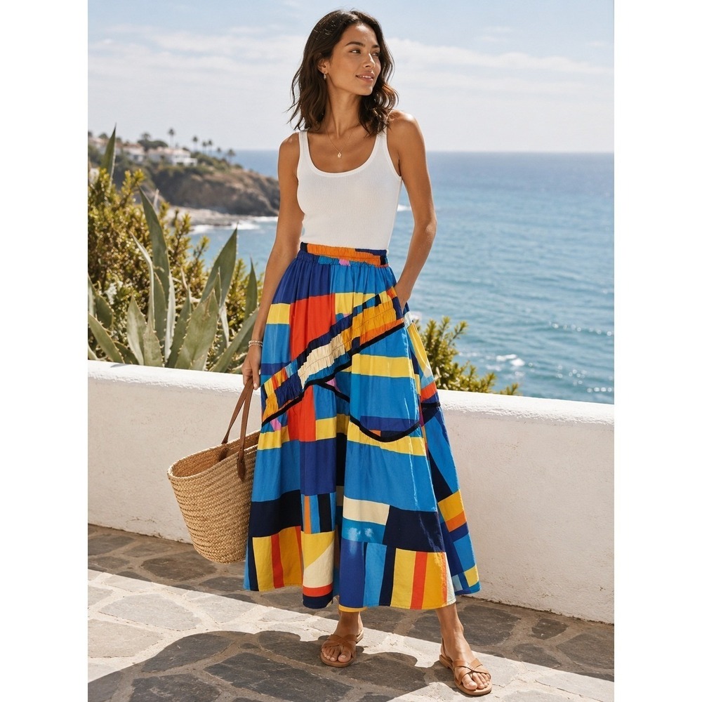 Retro Midi Skirt Vibrant Patchwork Print‎ Resort Coastal Artsy Modernist Summer